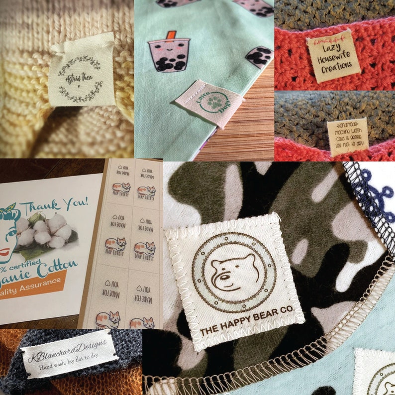 May include: A collage of various handmade product labels. The labels feature text such as "Astrid Thea", "Lazy Housewife Creations", and "The Happy Bear Co.". Other labels include "Nap Twenty" and "KBlanchard Designs". The labels are in different shapes and sizes.