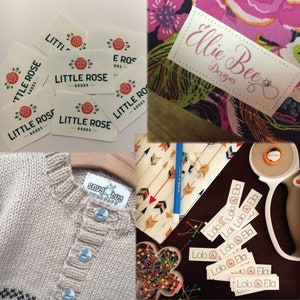 May include: A collection of fabric labels with various brand names and logos. Some labels read "Little Rose Goods" with a rose graphic. Other labels say "Ellie Bee Designs" and "snug bug newborns". Additional labels say "Lob & Ela".
