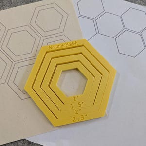 May include: A yellow plastic hexagon template tool featuring four nested hexagonal frames with sizes labeled 1 inch, 1.5 inches, 2 inches, and 2.5 inches. The brand name MommieMadeIt is embossed on the top frame. Two sheets of paper with printed hexagon outlines are visible underneath.