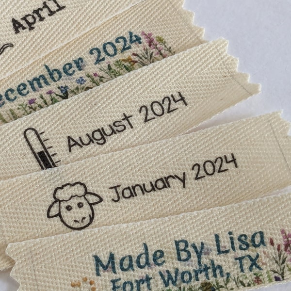 Temperature Blanket Labels Month Labels in Organic Cotton Twill Ribbon with a Personalized Name and City Label