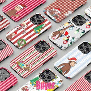 May include: A collection of phone cases with festive Christmas designs. The cases feature Curious George in Santa hats, Christmas trees, and string lights. The cases have red and white stripes, and a blue and white striped pattern.
