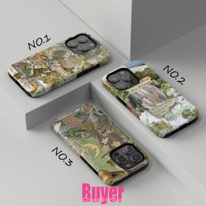 May include: Three different iPhone cases with a collage of vintage illustrations and text. The cases are labeled "NO.1", "NO.2", and "NO.3".