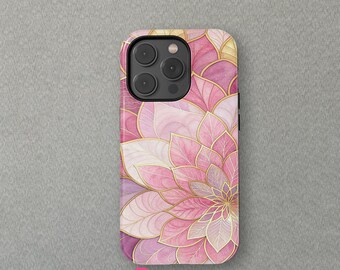 Pink Floral Stained Glass Design For iPhone 16 15 14 13Mini Pro Max Magsafe case,iPhone 11Cover,Samsung Galaxy S24+ Case By CrossBorderBuyer