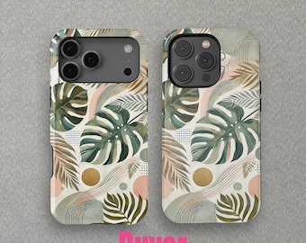 Feuille de Monstera et motif géométrique pour iPhone 17 16 15 14 13 Mini Pro Max Magsafe, étui pour iPhone 11, étui pour Samsung Galaxy S25+