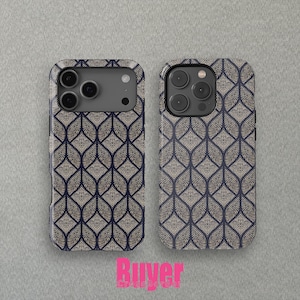May include: Two phone cases with a navy blue and gold geometric pattern. The cases have a repeating design of interconnected leaf-like shapes. The cases are shown on a gray background.
