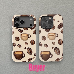 May include: Two phone cases with a coffee theme. The cases feature a beige background with illustrations of coffee beans and coffee cups in shades of brown. The cases are designed to fit a smartphone.