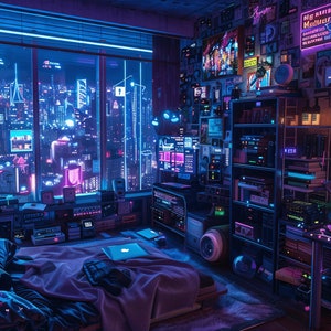 May include: A bedroom with a large window overlooking a futuristic city skyline. The room is decorated in a cyberpunk style with neon lights, posters, and a computer setup. There is a bed with a purple blanket and a laptop on it.