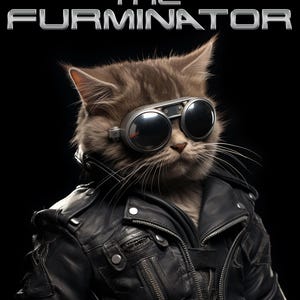 Może przedstawiać: Kot w okularach i czarnej skórzanej kurtce, z napisem "THE FURMINATOR" srebrnymi literami u góry. Kot ma szare futro i poważny wyraz twarzy na czarnym tle.
