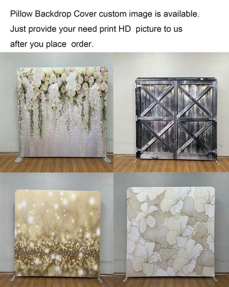 Peut inclure: Quatre housses de fond de coussin avec diff&eacute;rents motifs. L'une pr&eacute;sente des fleurs blanches et de la verdure, une autre un motif de porte en bois rustique, une troisi&egrave;me un effet de paillettes dor&eacute;es et la derni&egrave;re un motif floral.