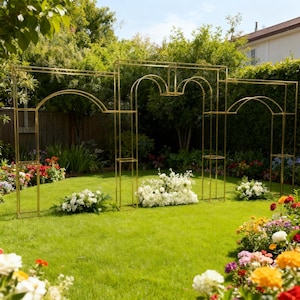 Könnte beinhalten: Eine goldfarbene Hochzeitsbogen aus Metall steht auf einem grünen Rasen, umgeben von bunten Blumen. Der Bogen hat eine gewölbte Oberseite und rechteckige Stützen. Weiße Blumengestecke sind an der Basis platziert.