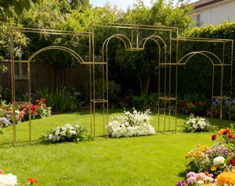 Wedding Arch Backdrop: Shiny Gold Finish & Detachable Iron Frame
