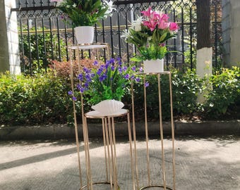 3-Piece Golden Metal Flower Stand Set - Round Base Centerpiece Display for Weddings & Events