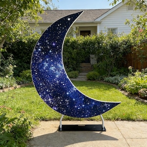 Könnte beinhalten: Eine große Monddekoration in Form einer Mondsichel mit Sternennacht-Design. Der Mond ist dunkelblau mit weißen und silbernen Sternen, getragen von einem weißen Metallrahmen und einer schwarzen Basis. Sie steht auf einem grünen Rasen.