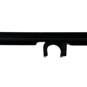 May include: Black plastic drain grate with three vertical pipes and a centre clip. The drain grate is designed for a shower or bathroom.