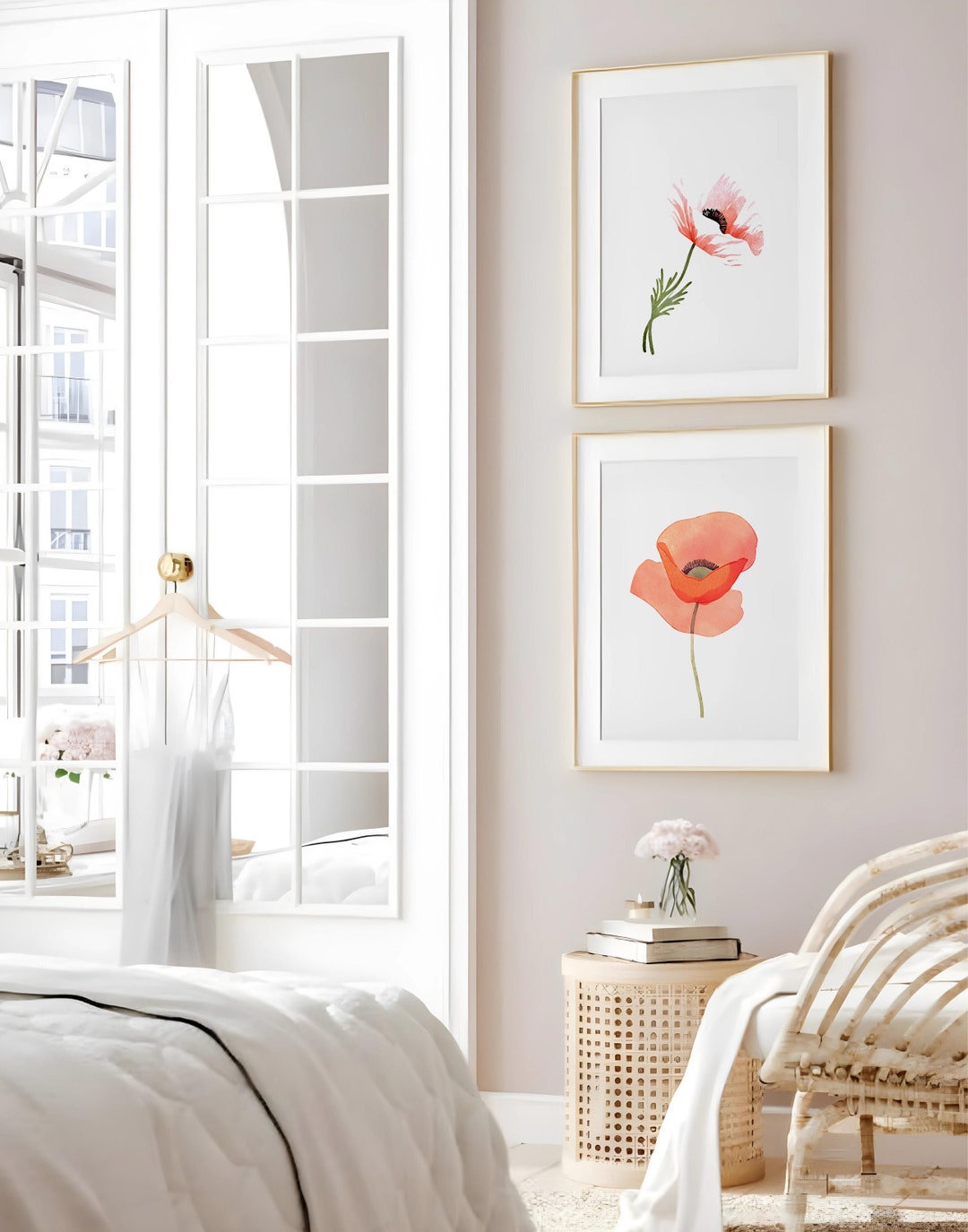 Set of 2 Poppy Flower Digital Wall Art Prints Elegant Minimalist Floral ...