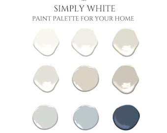 May include: A Benjamin Moore paint palette titled SIMPLY WHITE PAINT PALETTE FOR YOUR HOME FEATURING 9 INTERIOR DESIGNER FAVORITES. The image displays nine circular paint swatches in various shades of white, cream, gray, and one dark blue.