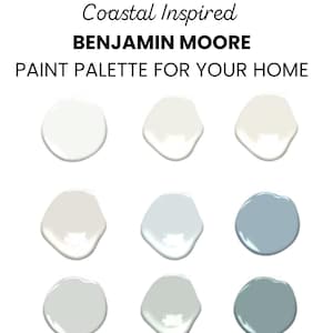 Paleta de cores inspirada na costa de Benjamin Moore, melhor tinta branca, gabinete, teto, cores de tinta para toda a casa, design de casa de praia