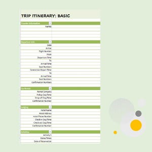 May include: A printable trip itinerary template with sections for traveler information, departure info, car rental, lodging, and activities. The template includes fields for names, dates, airlines, flight numbers, arrival and departure times, seat numbers, rental company, pickup and drop-off times, hotel name, address, phone number, check-in and check-out times, and activity dates and times.