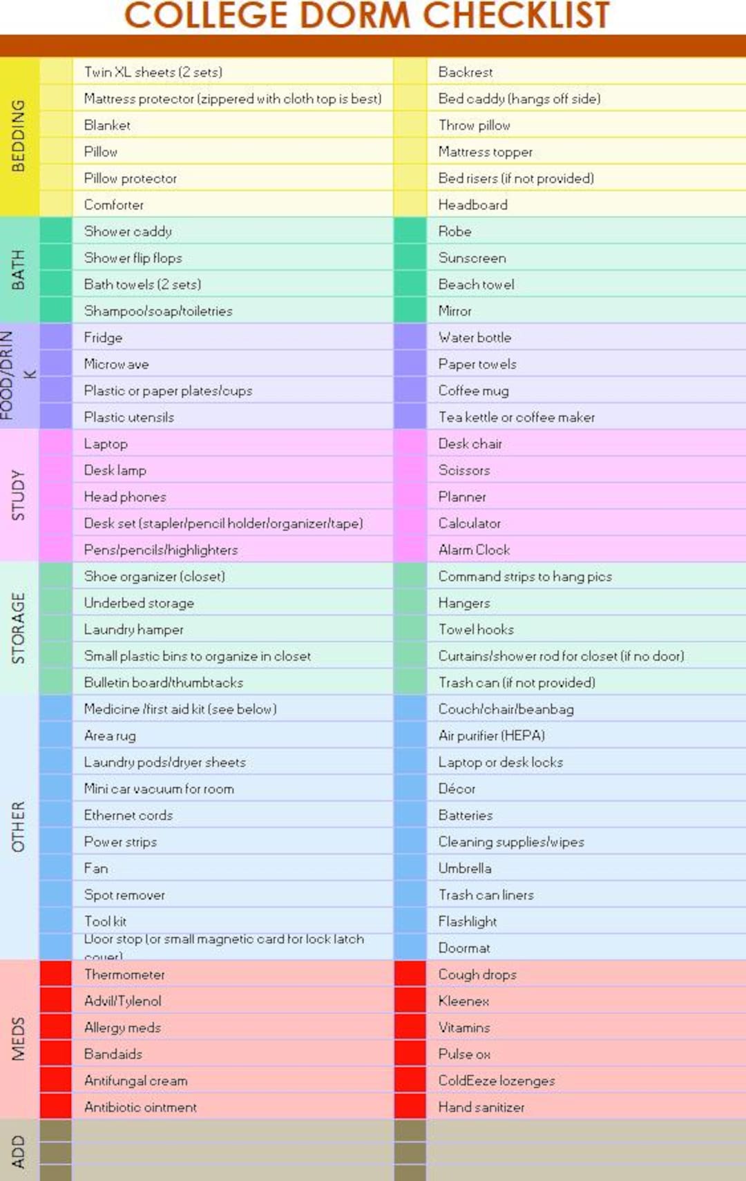 College Dorm Checklist- Generic - Etsy