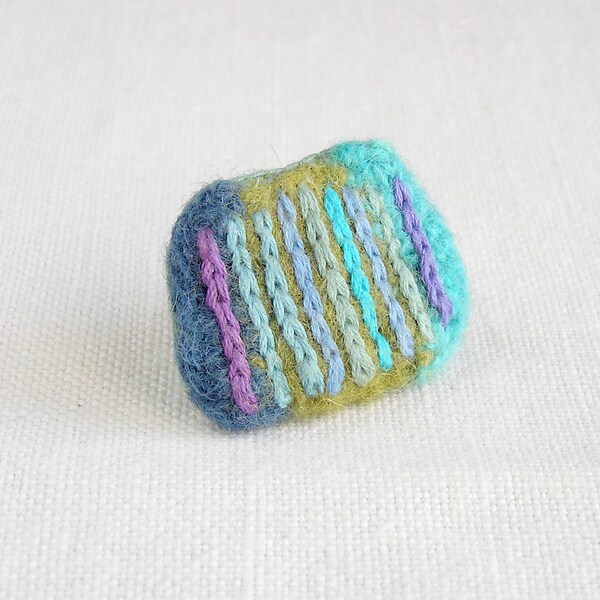 fiber art brooch - textile  pin -   textile jewelry striped turquoise  blue green aqua