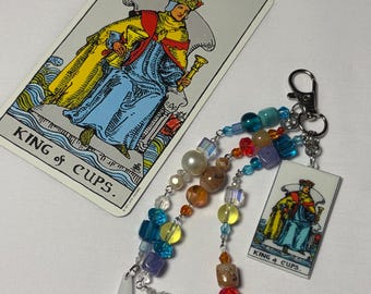 King of Cups Tarot Card Keychain- Divination Keychain - Witchy Spiritual Gift- Cancer - Spirituality Gift- Beaded Keychains- Bag Charms