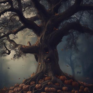 Puede incluir: Un árbol grande, oscuro y nudoso con ramas extendidas se alza en un bosque brumoso. Numerosas calabazas naranjas están agrupadas alrededor de la base del tronco. Un pequeño búho está posado en una rama y la silueta de un ciervo es visible.