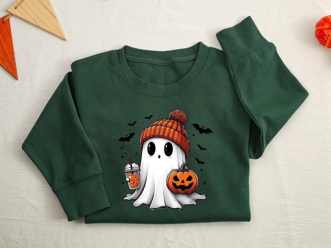 Gossamer Pink Halloween Terry Ghost Striped Trim Loose Sweatshirt