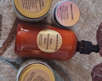 DIY Recipes for Baby Shampoo/Body Wash, Lotion, Diaper Cream, Nipple Butter, and Upset Tummy Balm.