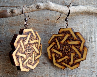 Mandala Yellow Heart Wooden Hand Carved Pyrography Earrings by Tanja Sova