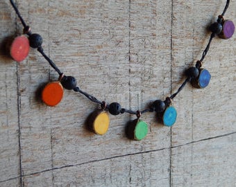 Rustic Rainbow Holly Twig and Lava Beads Black Hemp Necklace by Tanja Sova