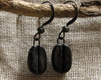 Coffee Bean Carved Ebony Wooden Antiqued Fishhook Earwire Earrings by Tanja Sova