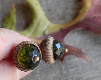 Peridot Acorn Green Glass Bead Woodland Natural Stud Earrings by Tanja Sova