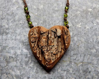 Treehugger heart - Peridot Beads Rustic Natural Bradford Pear Wood Bark Hemp Necklace by Tanja Sova