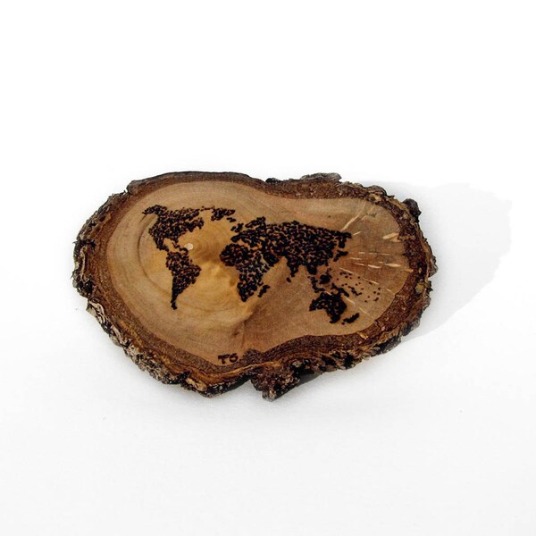 Rustic Twig Slice Wooden World Dotted Map Brooch - Pin - Pyrography by Tanja Sova