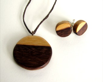 Horizon - Minimalist Wamara Rosewood Hand Carved Set - Earrings and Pendant With Hemp Necklace by Tanja Sova