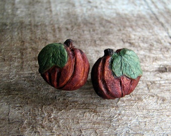 Pumpkin Fine Art Maple Miniature Hand Carved Stud Earrings by Tanja Sova