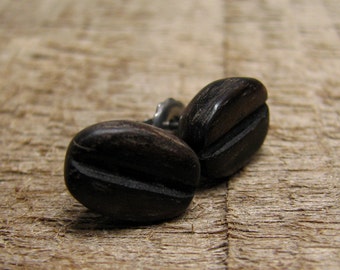 Coffee Bean Carved Ebony Wooden Nickel-free Surgical Stainless Steel Pad Stud Earrings by Tanja Sova