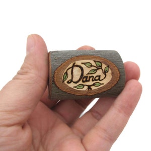 Wooden Brooch Name Tag Rustic Twig Slice - Pyrography by Tanja Sova - MADE TO ORDER