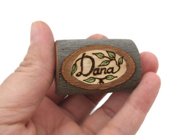 Wooden Brooch Name Tag Rustic Twig Slice - Pyrography by Tanja Sova - MADE TO ORDER