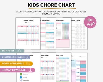 Kids Chore Chart, Printable Responsibility Tracker for Children, Fun Reward Chart for Kids, Daily Routine Organizer, Editable Family Planner