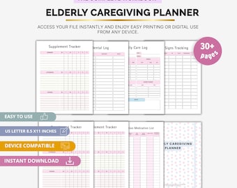 Elderly Caregiving Planner, Senior Care Organizer, Medical Tracker Printable, Daily Routine Log, Family Care Planner