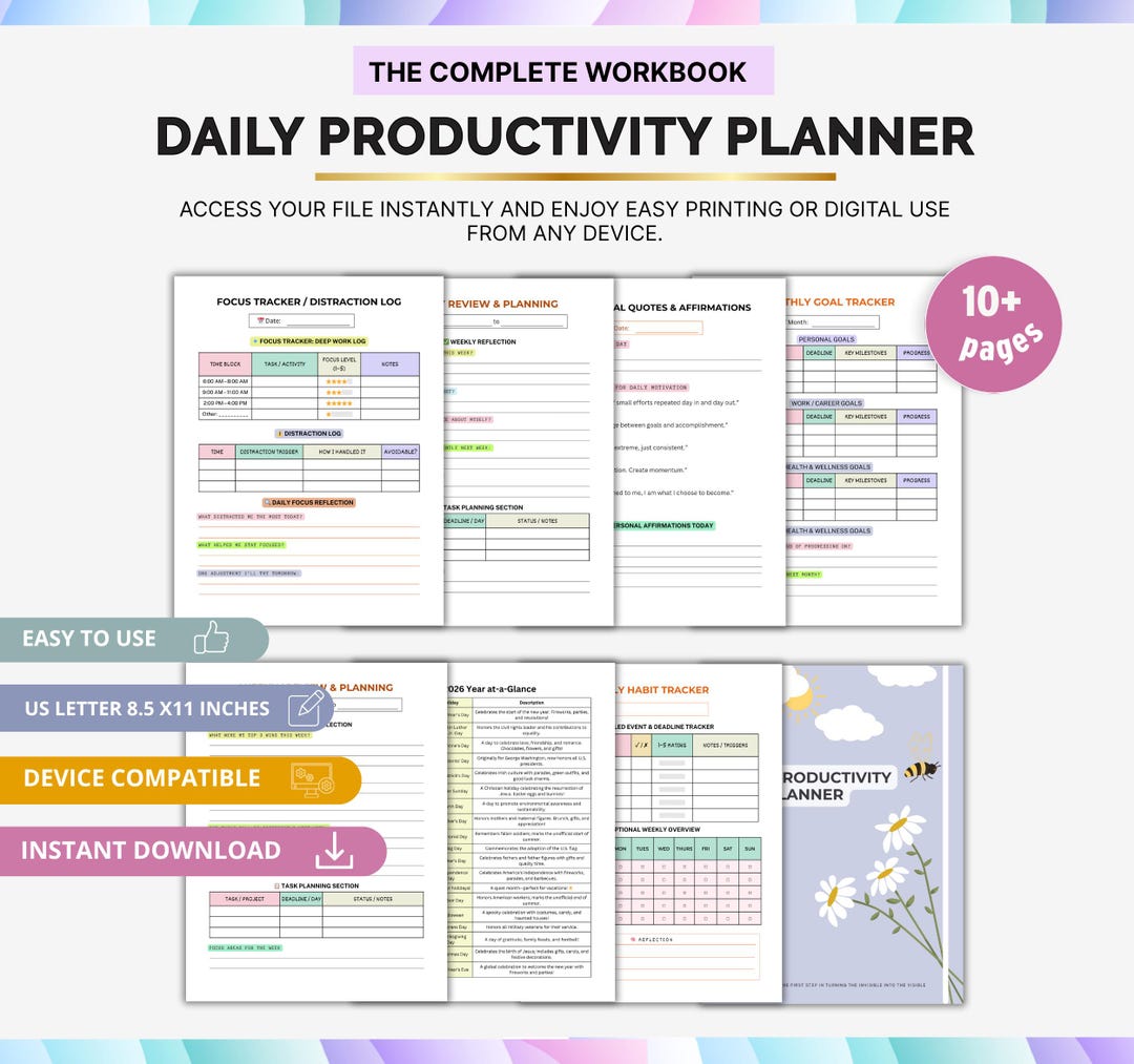 Daily Productivity Planner, Printable Time Management Organizer, Goal ...