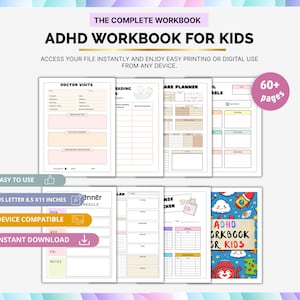 Op de afbeelding: ADHD Werkboek voor Kinderen, een digitale download met meer dan 60 pagina's. Bevat logboeken voor dokterbezoeken, leestrackers en dagplanners. Het werkboek is US Letter formaat, 21,6 x 27,9 cm, en apparaatcompatibel.