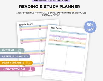 Planejador de leitura e estudo, organizador de tarefas de casa para alunos, diário de leitura e cronograma de estudos para impressão, rastreador de metas acadêmicas, modelo de diário de estudos