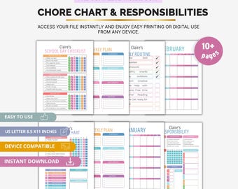 Chore Chart and Responsibilities Planner for Kids, Family Task Organizer, Printable Reward Chart, Daily Routine Tracker