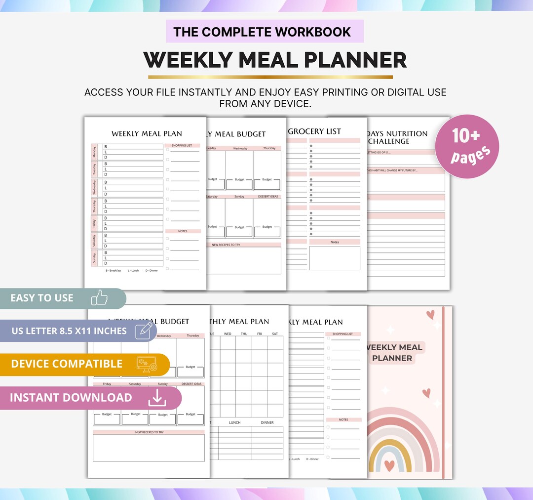 Weekly Meal Planner, Printable Meal Planning Template, Digital Food ...