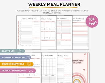Può includere: Un quaderno di lavoro digitale per la pianificazione settimanale dei pasti con più pagine. Le pagine includono sezioni per la pianificazione dei pasti, il monitoraggio del budget e le liste della spesa. Il planner è compatibile con i dispositivi.