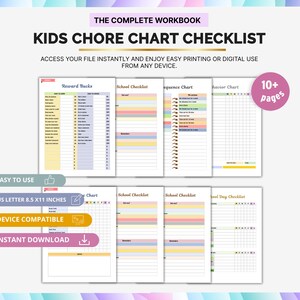 Kids Chore Chart Checklist, Printable Responsibility Tracker for Kids, Daily Routine Organizer, Fun Reward Chart for Children,Family Planner