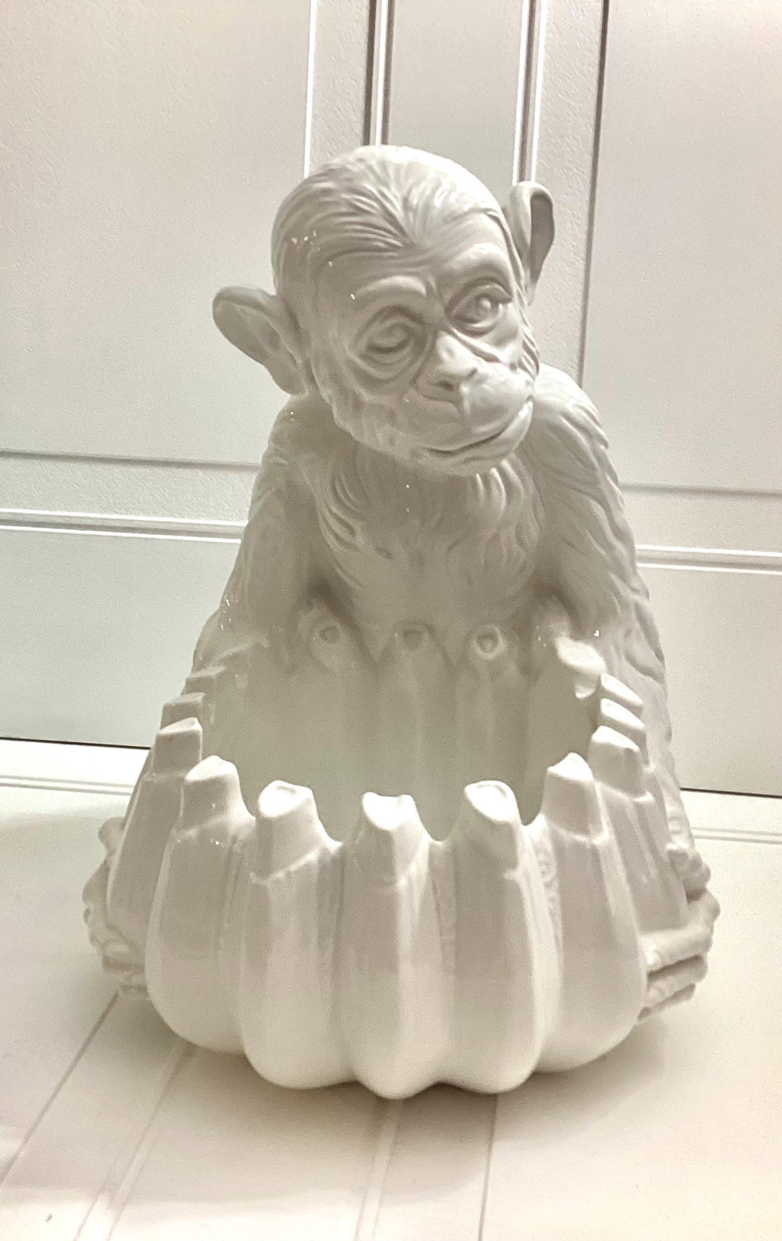 Vintage Ceramic White Monkey Holding Banana Fruit Bowl Good Conditions