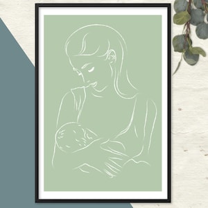 Stillen Print, Mutter und Baby Linie Zeichnung, mütterliches Schwangerschaftsgeschenk, Babyparty, minimalistisches Kinderzimmer Kunst, Stillendes Wanddekor